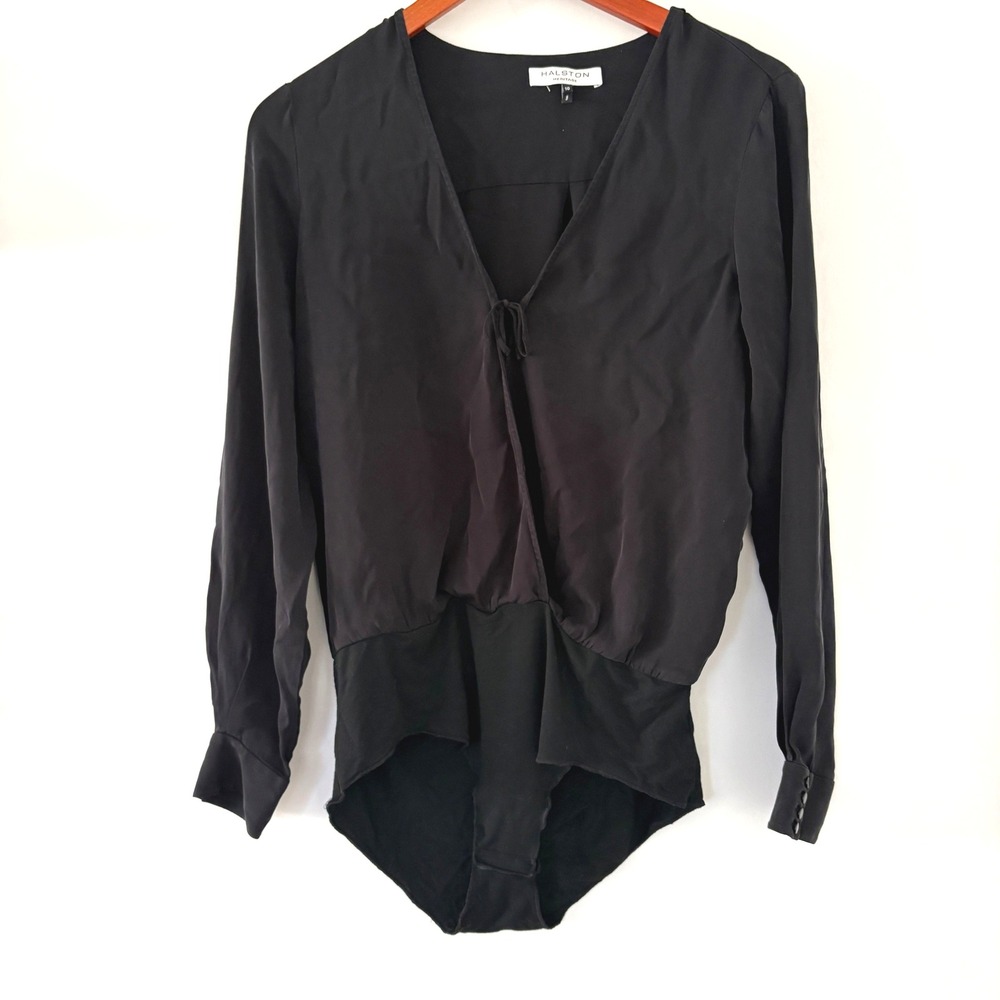 Halston Heritage‎ Black Silk Blend V Neck Tie Front Bodysuit Size 10 Minimalist